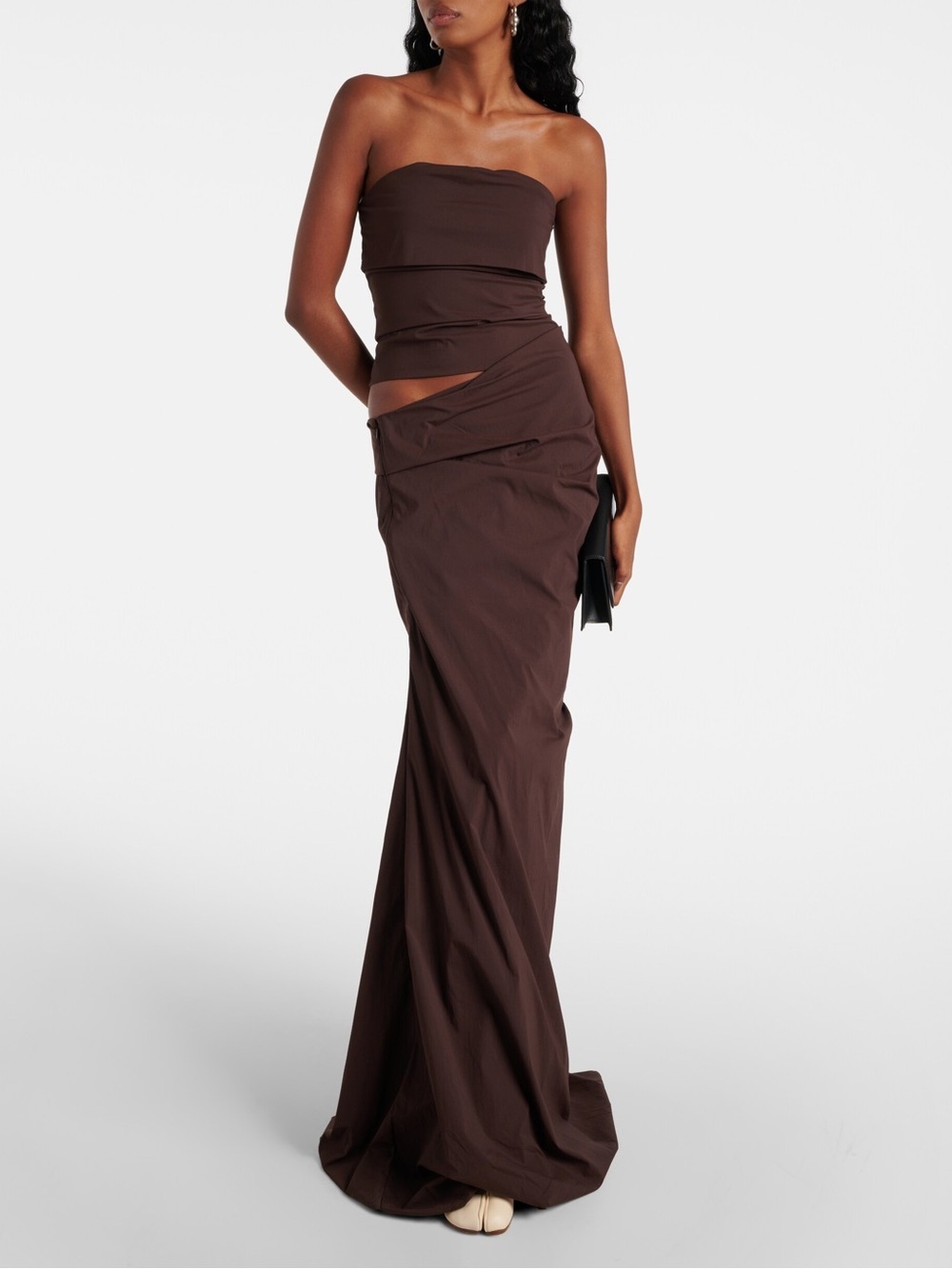 ENTIRE STUDIOS Ruched Draped Maxi Skirt Cocoa Brown Size XL NWT